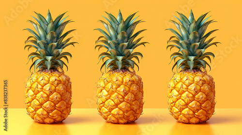 three pineapples on a isolated yellow background