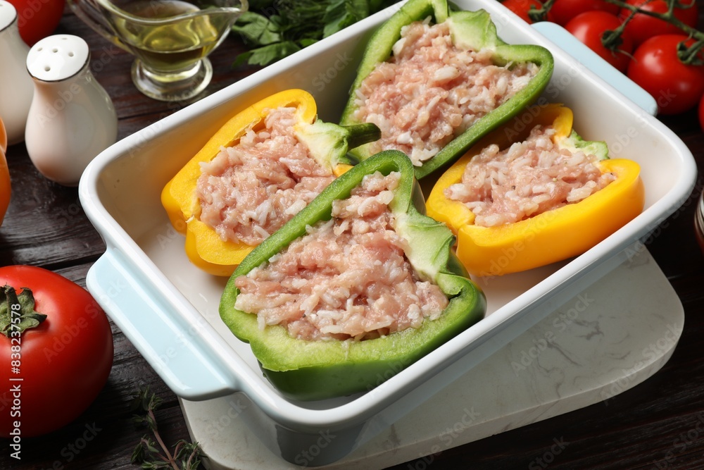Raw stuffed peppers in dish and ingredients on wooden table, closeup Raw stuffed peppers in dish and ingredients on wooden table, closeup