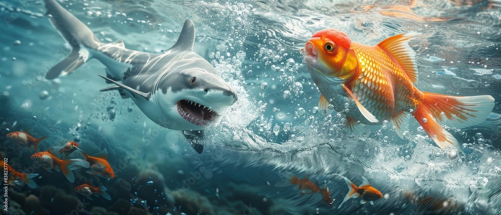 Naklejka premium A thrilling underwater chase between a menacing shark and a vibrant goldfish, with other small fish scattered in the background.