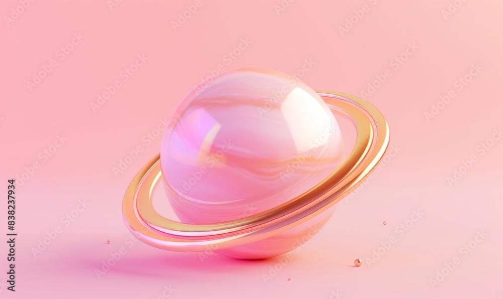 Obraz premium Three-dimensional rendering of a floating ball with golden ring and orbital sphere. This image is in pink color.