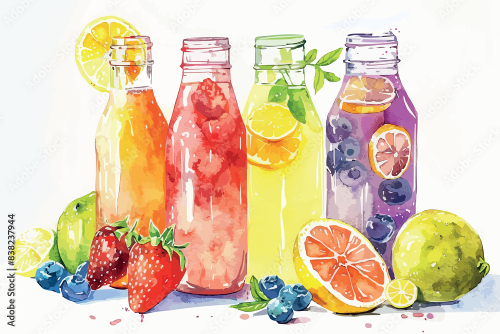 watercolor fruit drinks with ice cubes on a white background watercolor fruit drinks with ice cubes on a white background