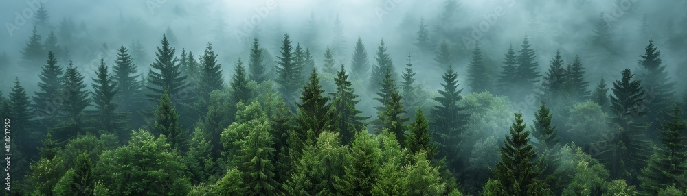 A misty forest with towering evergreen trees, creating a serene and mysterious atmosphere perfect for nature and landscape photography enthusiasts. A misty forest with towering evergreen trees, creating a serene and mysterious atmosphere perfect for nature and landscape photography enthusiasts.