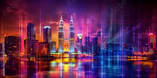 Abstract hologram of Kuala Lumpur at dusk showcasing technological advancements in Asia. Concept Technology, Asia, Kuala Lumpur, Hologram, Abstract Art photo