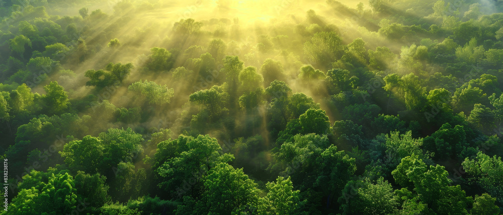 A serene aerial view of a lush green forest illuminated by golden sunlight, creating a beautiful and tranquil natural scene.