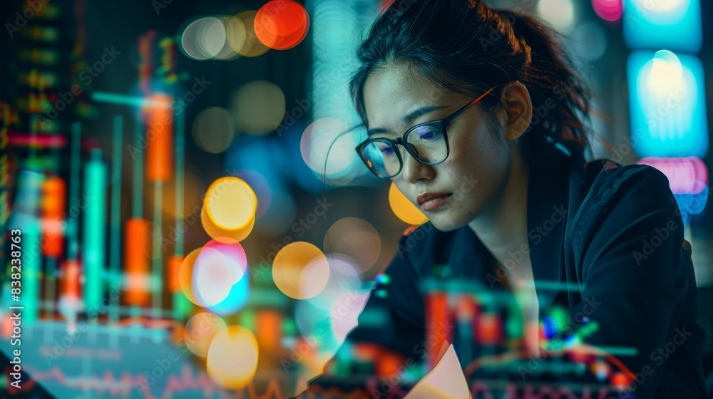 A man is looking at a computer screen with a lot of numbers and graphs A man is looking at a computer screen with a lot of numbers and graphs