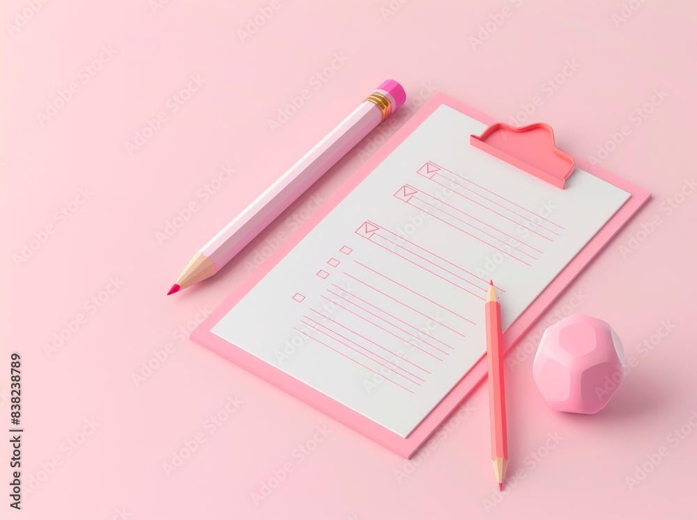 The 3D render illustration shows a white clipboard with a checklist on a pink background.