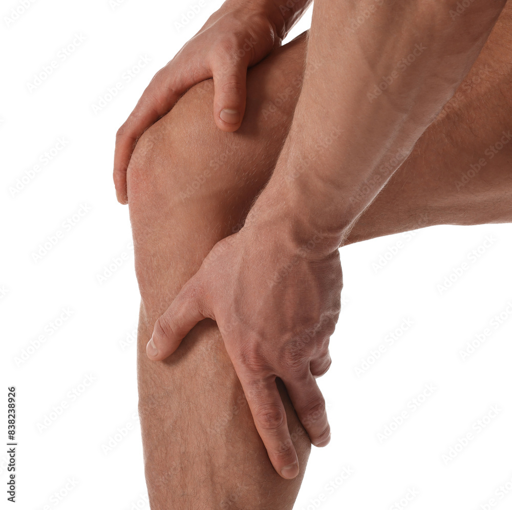 Fototapeta premium Man with muscular legs on white background, closeup