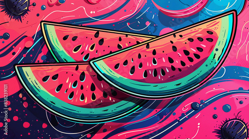 three slices of watermelon with psychedelic stlye photo