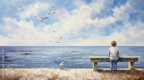 back view of a little boy sitting on the edge looking at the sea