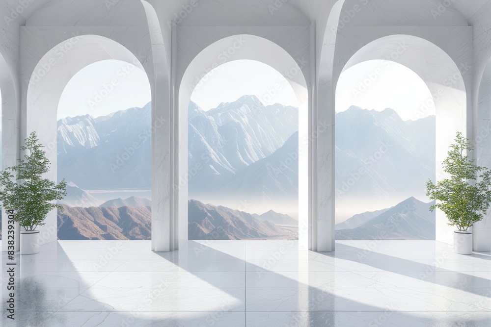 Decorative 3D render showing a large window and column structure in an empty concrete room.