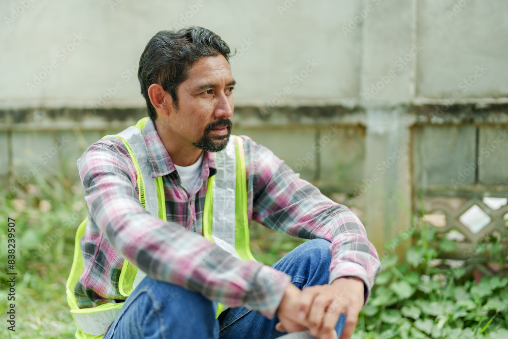 Obraz premium Asian male construction worker sitting at building site, wearing reflective vest and holding hard hat. He looks pensive, taking a break from work. Background shows wall with ventilation blocks.