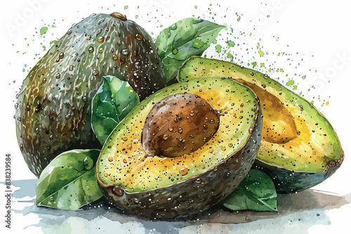 Sliced ripe fresh avocado. Watercolor hand drawn illustration, isolated on white background