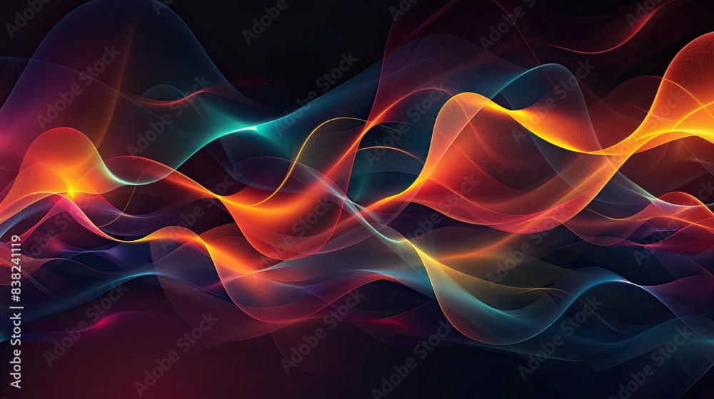 Abstract graphic waves of light creating dynamic and flowing shapes, vibrant colors on dark background Abstract graphic waves of light creating dynamic and flowing shapes, vibrant colors on dark background