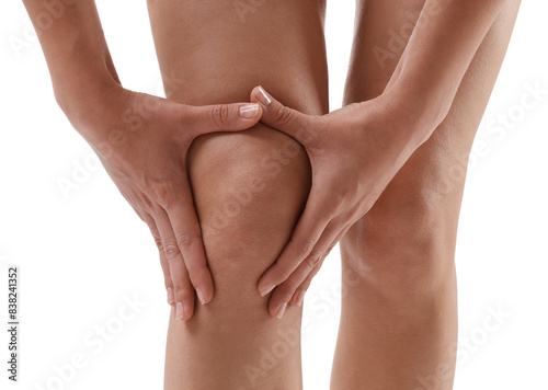 Woman showing her slim legs on white background  closeup