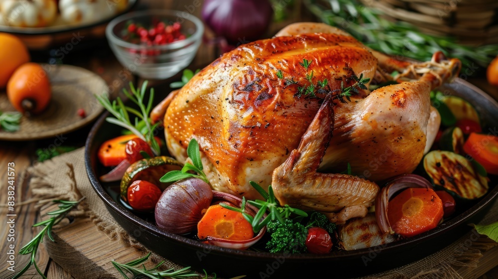 Roasted chicken with vegetables and herbs on a wooden table. Roasted chicken with vegetables and herbs on a wooden table.