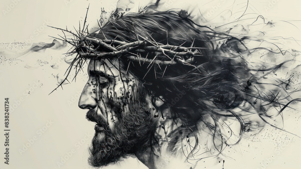 Fototapeta premium A painting depicting the sacred heart of Jesus Christ, an abstract minimalist ink line art drawing of a side profile of the face of Jesus tattered wearing a crown of thorns