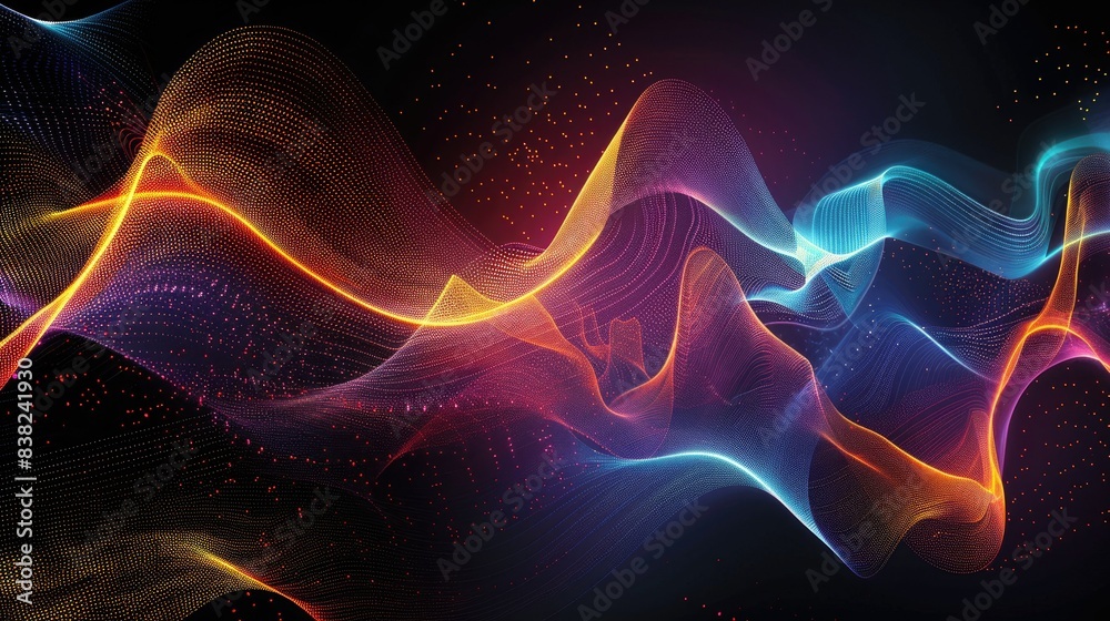 Abstract waves of light graphics in vibrant colors, creating dynamic shapes on a dark backdrop Abstract waves of light graphics in vibrant colors, creating dynamic shapes on a dark backdrop