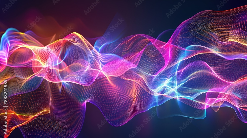 Obraz premium Abstract waves of light graphics in vibrant colors, creating dynamic shapes on a dark backdrop
