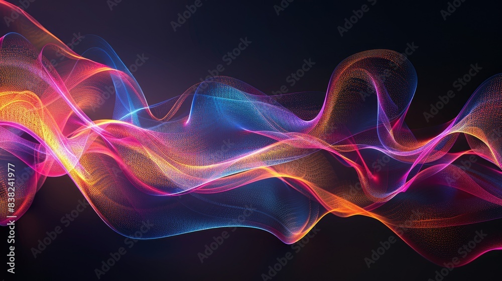 Abstract waves of light graphics in vibrant colors, creating dynamic shapes on a dark backdrop Abstract waves of light graphics in vibrant colors, creating dynamic shapes on a dark backdrop