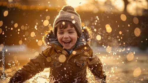 Joyful Young Boy Splashing in Puddle with Frozen Water Droplets in Mid-Air, Bathed in Warm Late Afternoon Light