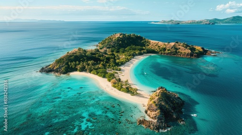 Aerial shot of a beautiful tropical island surrounded by clear blue sea, showcasing its pristine beaches