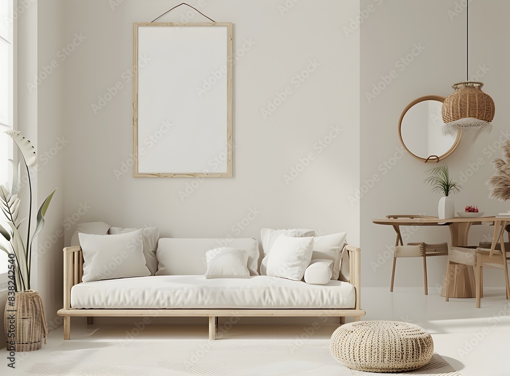 White living room interior with a wooden sofa, coffee table and potted plant on the white floor in front of a beige wall with a poster frame, hanging round mirror and pendant light over a dining area White living room interior with a wooden sofa, coffee table and potted plant on the white floor in front of a beige wall with a poster frame, hanging round mirror and pendant light over a dining area
