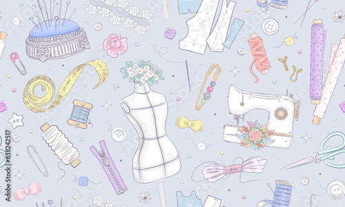 Seamless pattern with hand drawn sewing elements. Hand made wallpaper. Sewimg tools. Seamstress atelier tailoring background. Retro style. Vector illustration