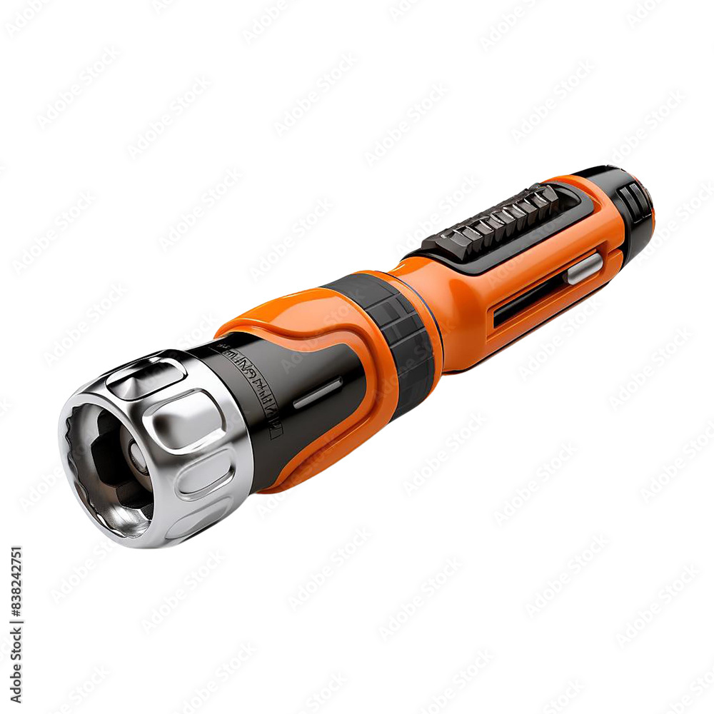 A multi-tool screwdriver with orange and black handle, featuring a variety of interchangeable bits. A multi-tool screwdriver with orange and black handle, featuring a variety of interchangeable bits.