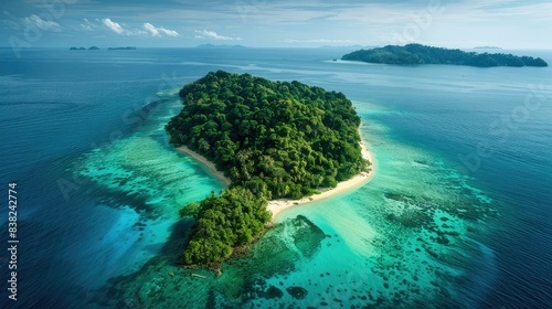 Aerial view of a stunning island surrounded by turquoise sea, showcasing lush greenery and pristine beaches