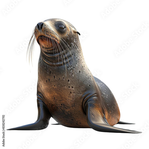 A playful sea lion with a curious expression, isolated against a black background. Perfect for wildlife, marine, or animal-themed projects.