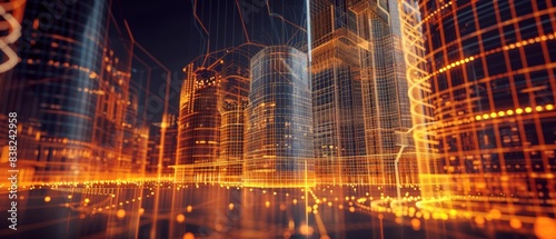 Futuristic Digital Cityscape with Glowing Network Connections in Virtual Reality Cyber Technology Environment, Abstract Data Visualization