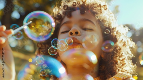 Joyful Child Blowing Bubbles in Park with Rainbow Reflections - Innocence and Wonder on Sunny Day