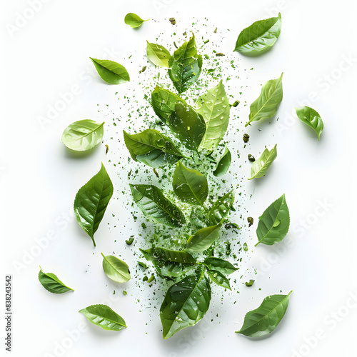 a dynamic visualization of tea leaves scattering into an array of energetic particles, fizzling with vitality isolated on white background, simple style, png photo