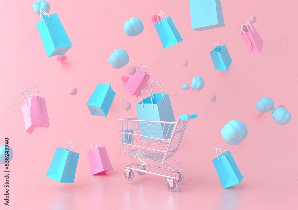 Floating shopping cart with bags on a pink background. Shopping trolley. Grocery push cart. Minimal concept illustration in 3D. Floating shopping cart with bags on a pink background. Shopping trolley. Grocery push cart. Minimal concept illustration in 3D.