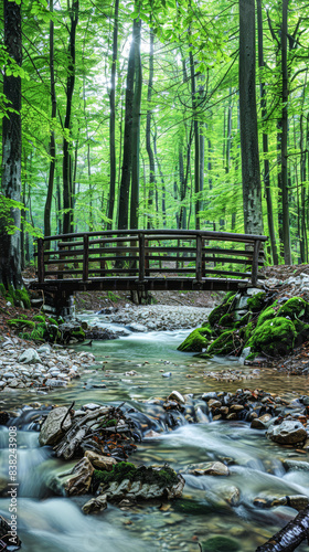 Serene Forest Landscape with Wooden Bridge over Bubbling Brook