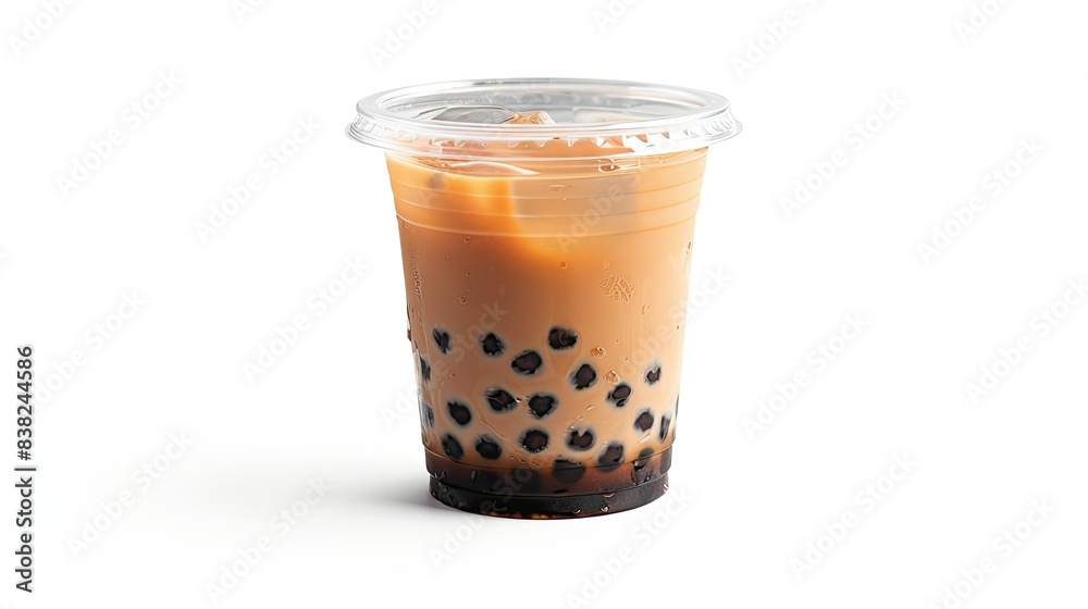 Clear plastic cup containing bubble tea, with a lid, isolated against a white background, ideal for focused promotion Clear plastic cup containing bubble tea, with a lid, isolated against a white background, ideal for focused promotion