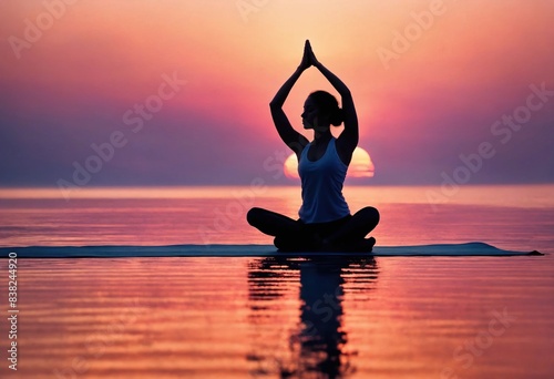 Silhouette of young woman practicing yoga on the beach at sunset. ai generative