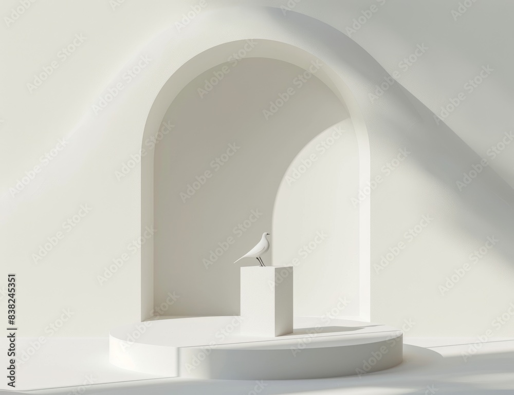 The scene consists of a podium, a bird, and an abstract background. Atmosphere is pastel cream or beige colors. Excellent for banners, promotions, cosmetic product shows, and fashion shows. The scene consists of a podium, a bird, and an abstract background. Atmosphere is pastel cream or beige colors. Excellent for banners, promotions, cosmetic product shows, and fashion shows.