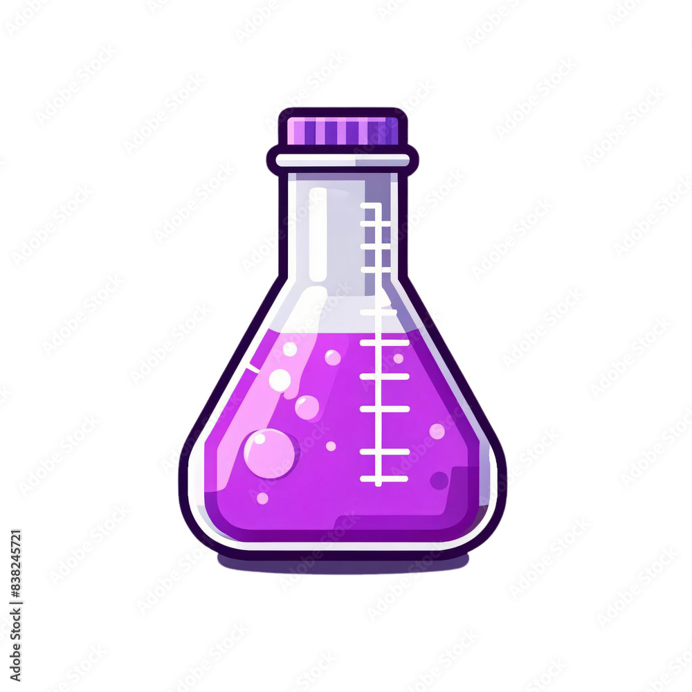A cartoon-style illustration of a laboratory flask filled with purple liquid on a transparent background. The flask has measurement markings and a purple cap A cartoon-style illustration of a laboratory flask filled with purple liquid on a transparent background. The flask has measurement markings and a purple cap