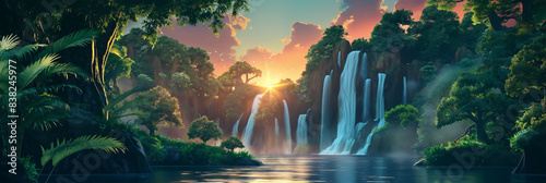 Jungle waterfall landscape at sunrise isolation background, Illustration. photo