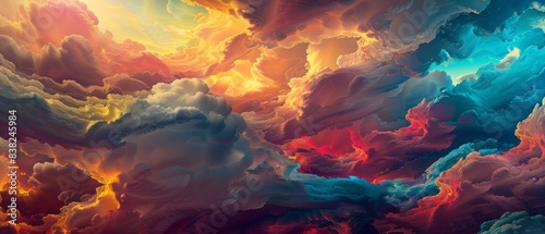 Surreal landscape of colorful clouds with vibrant hues and dramatic lighting, perfect for fantasy themes, dreamlike visuals, and atmospheric backgrounds. photo