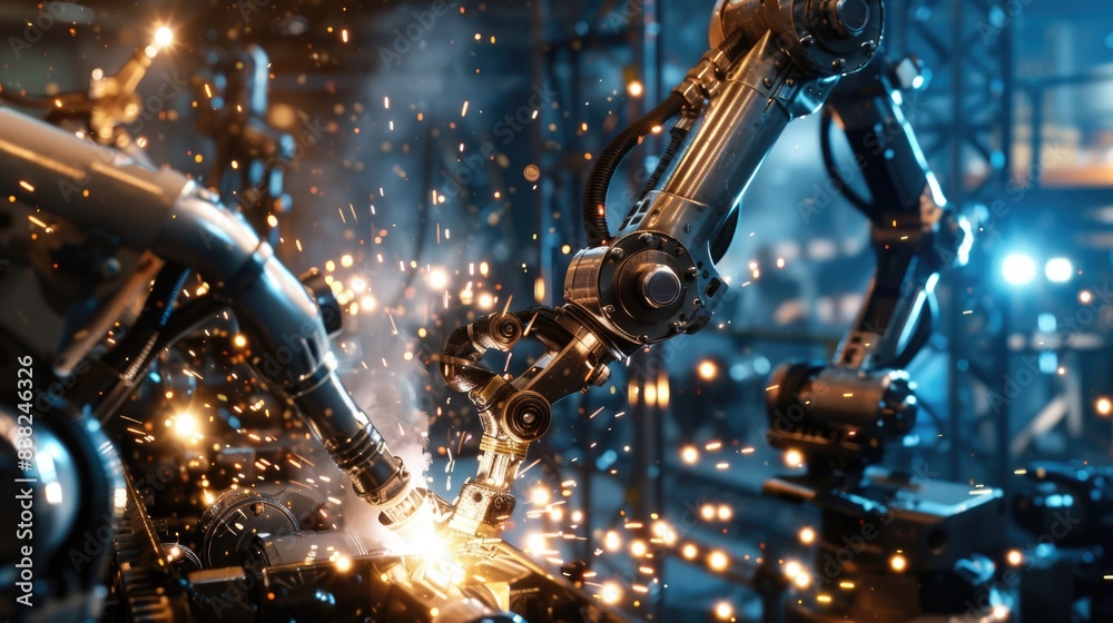 Robotic Revolution robots work independently. Bright welding with sparks. Robotic Revolution robots work independently. Bright welding with sparks.
