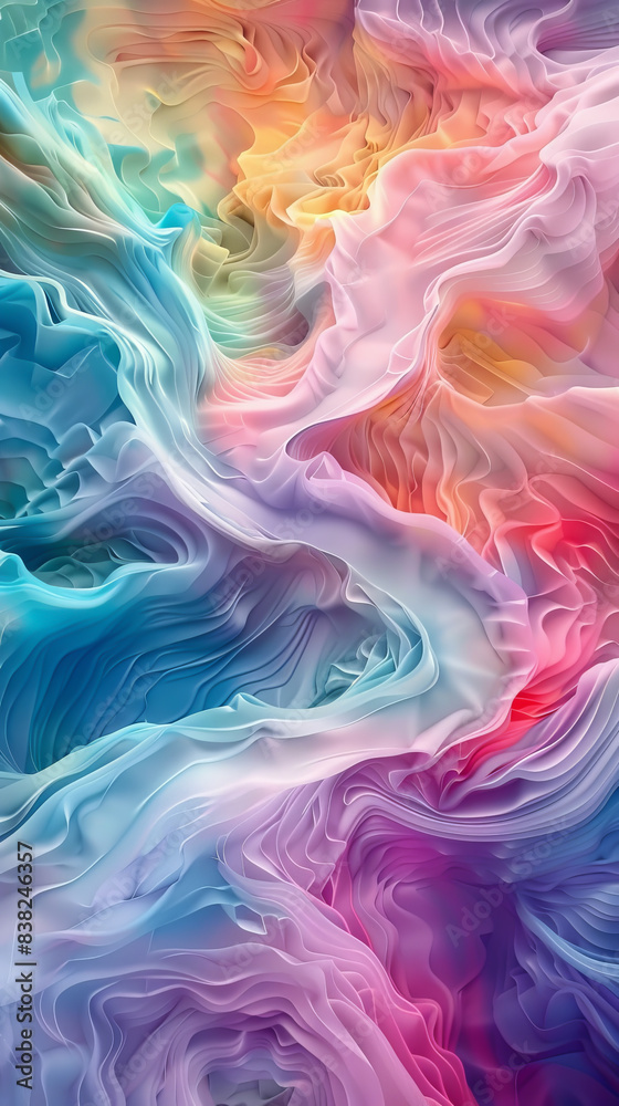 A colorful, abstract painting with a blue, red, and yellow swirl