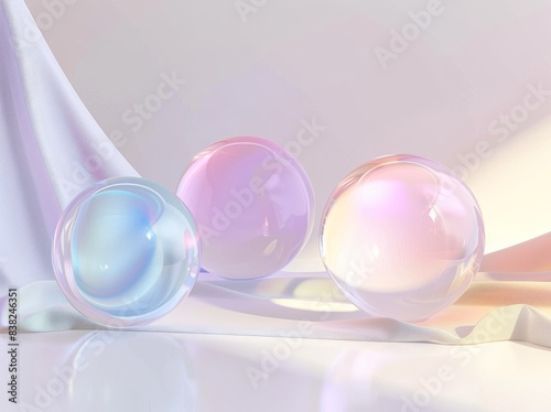 Colorful translucent round glass shapes on an abstract modern minimal background