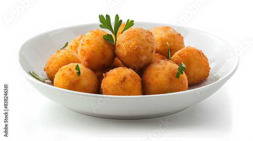 food photography of crispy cheese croquettes arranged in a plate isolated on white background, text area, png