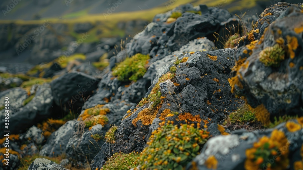 Close-up of rocks covered in moss and algae, highlighting the intricate details and textures of nature Close-up of rocks covered in moss and algae, highlighting the intricate details and textures of nature