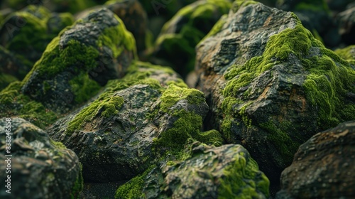 Close-up of rocks covered in moss and algae, highlighting the intricate details and textures of nature © chanidapa