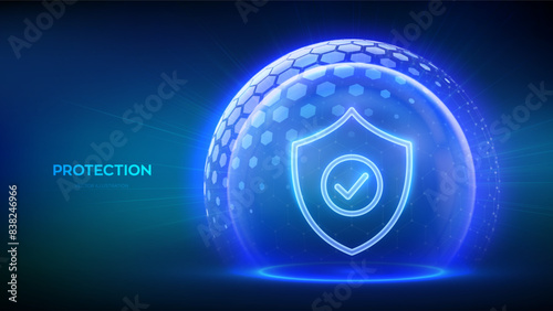 Protection. Cyber security. Network safety. Healthcare. Insurance. Protection shield with Check mark icon inside transparent sphere shield with hexagon pattern on blue background. Vector illustration.