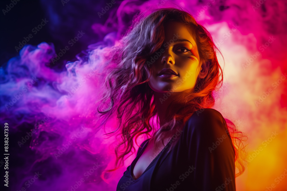 Portrait of an attractive woman covered in vibrant fluorescent powder, creating a striking and colorful visual effect. Generative AI Portrait of an attractive woman covered in vibrant fluorescent powder, creating a striking and colorful visual effect. Generative AI