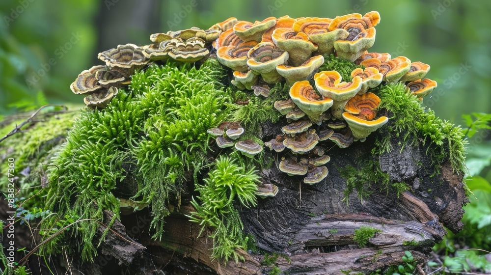 Decaying log with vibrant moss and fungi, showing the natural cycle of life and decay in a forest setting Decaying log with vibrant moss and fungi, showing the natural cycle of life and decay in a forest setting